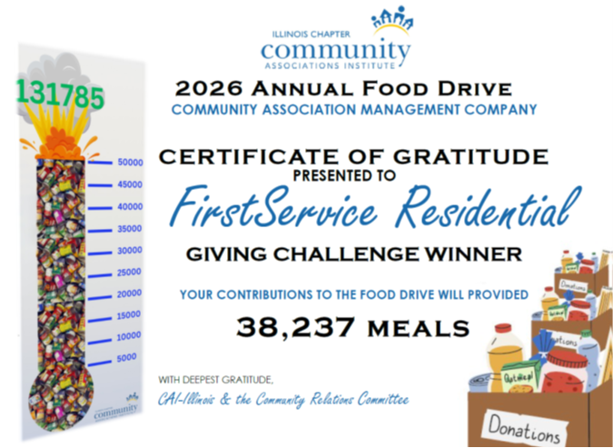 The winner of the 2026 CAI food drive next to the Annual Food Drive thermostat